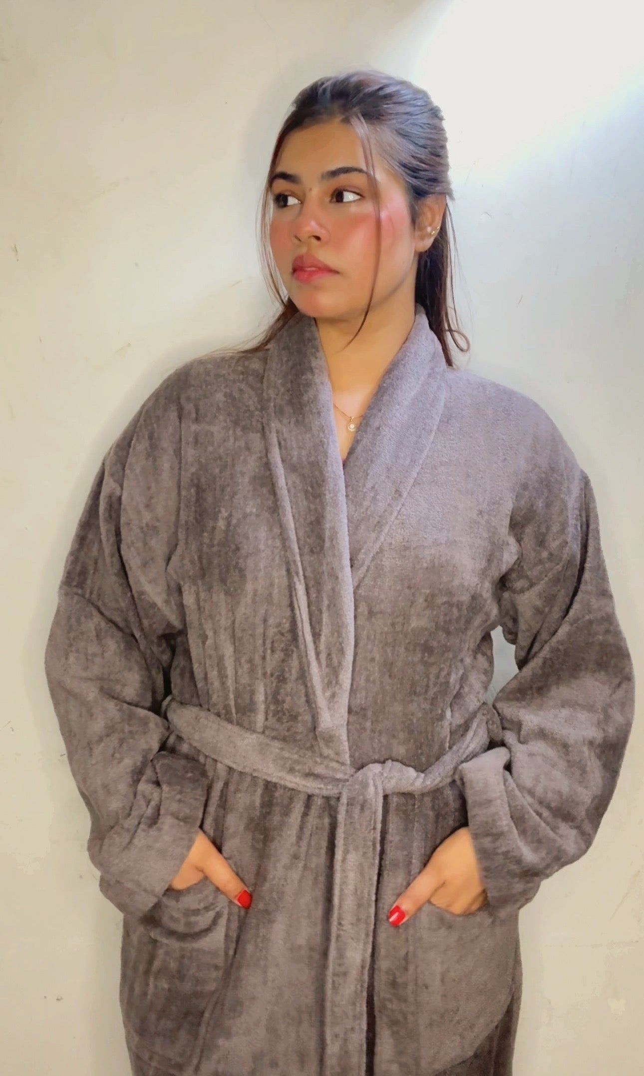 Fluffy Bathrobe Set - Grey