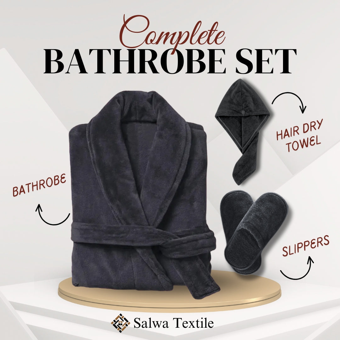 Fluffy Bathrobe Set - Black