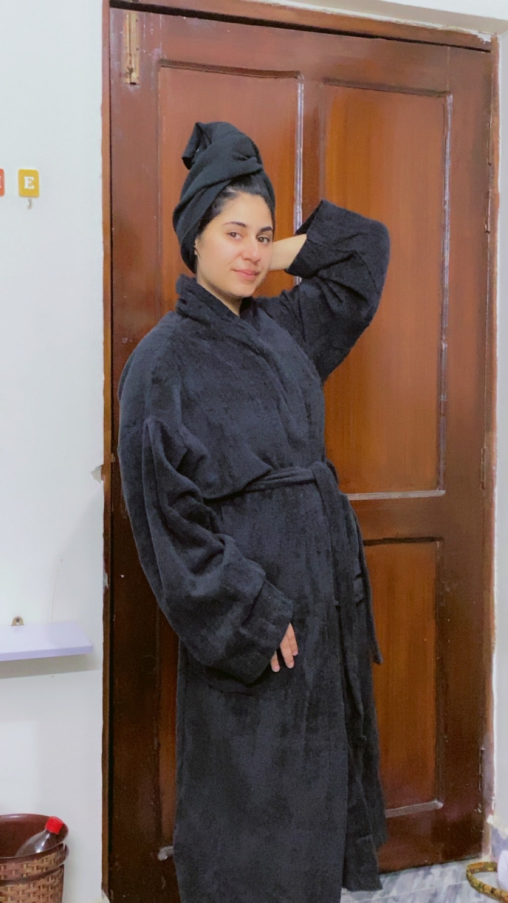 Fluffy Bathrobe Set - Black
