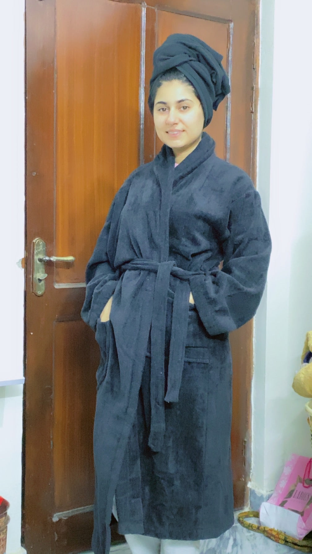 Fluffy Bathrobe Set - Black