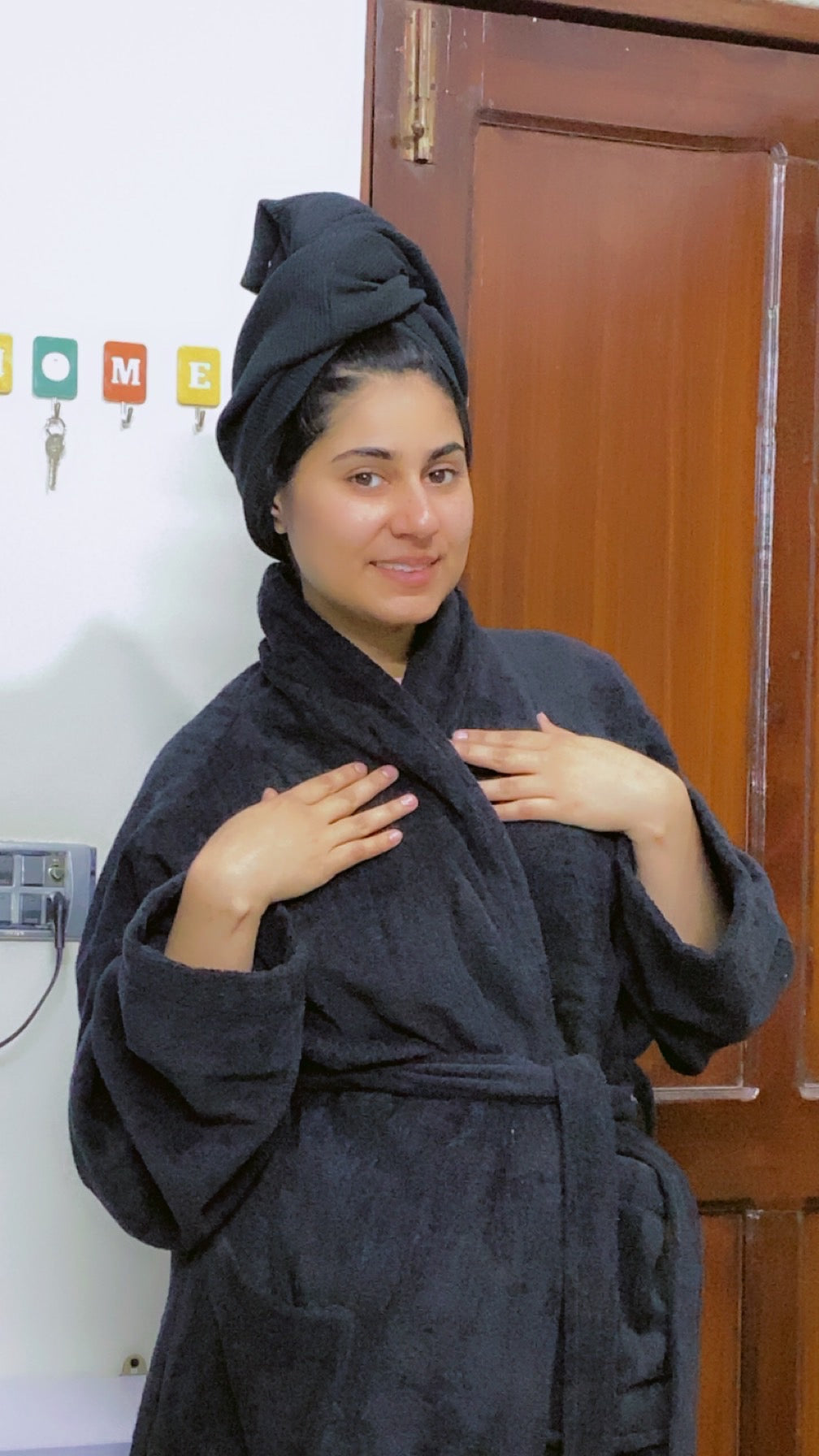 Fluffy Bathrobe Set - Black