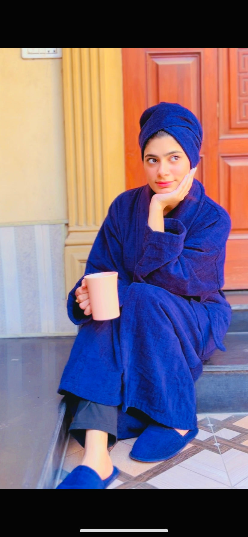 Fluffy Bathrobe Set - Navy Blue