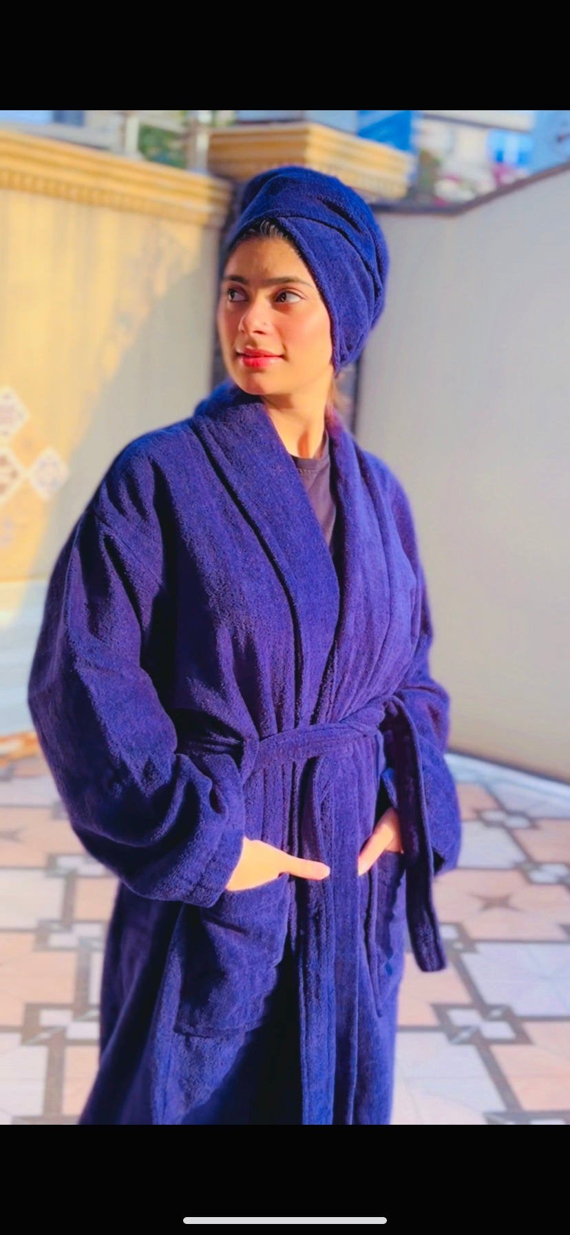 Fluffy Bathrobe Set - Navy Blue