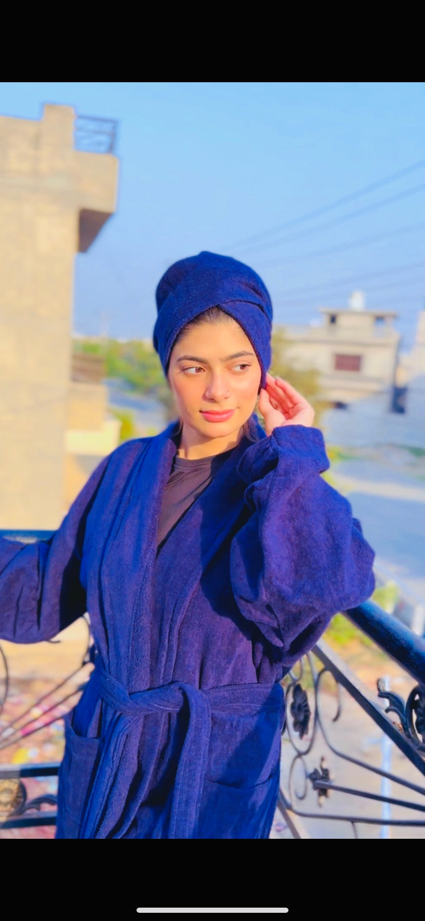 Fluffy Bathrobe Set - Navy Blue